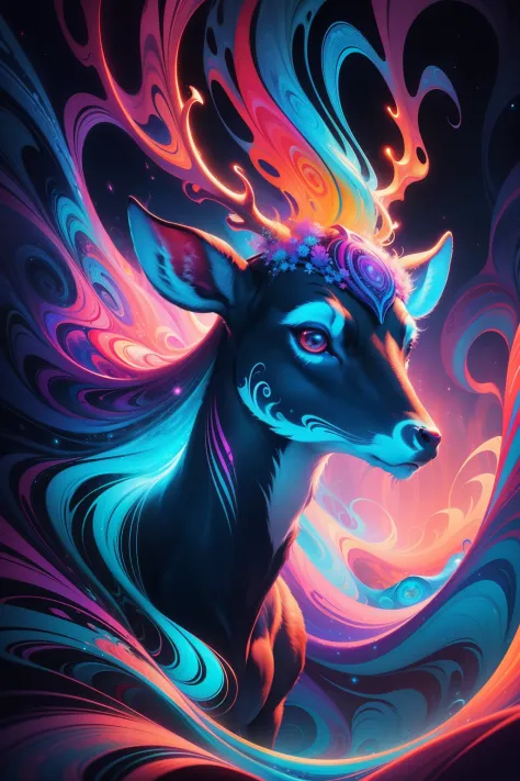 (psychedelic painting of a deer standing in front of a colorful swirl), ((multi-slit big antlers, stag, big head)), light and sh...