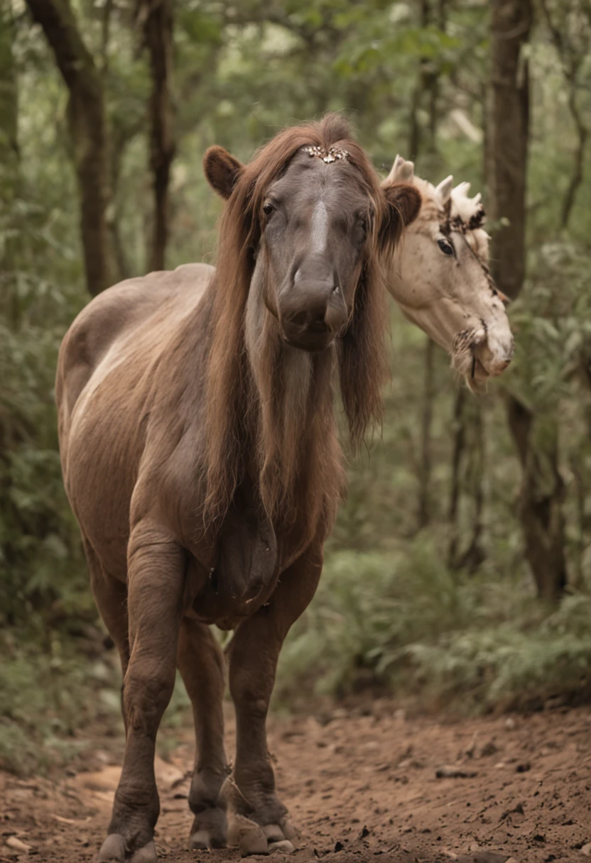 Há um cavalo com uma longa crina parado na floresta - SeaArt AI