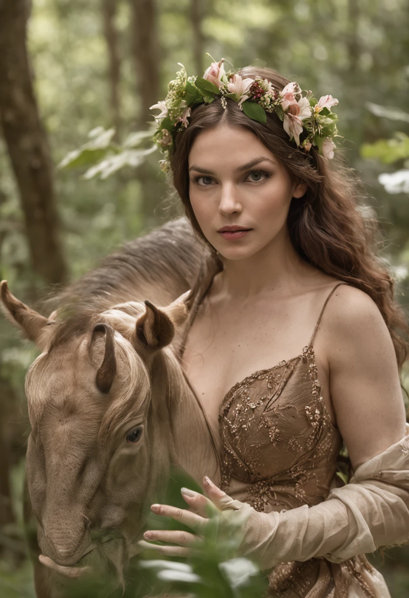 Mulher arafa com vestido e coroa de flores ao lado de um cavalo - SeaArt AI