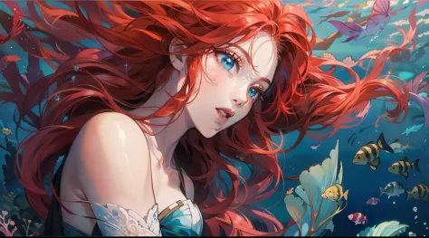 Mermaid Red hair at the bottom of the sea Ocean Mermaid princess Blue eyes Fish tail is beautiful Dreamy