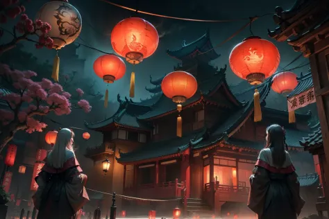 Chinese Ghost Festival，Middle Metaverse，The breath of a ghost，The streets at night，Chinese lanterns hanging from Chinese-style h...