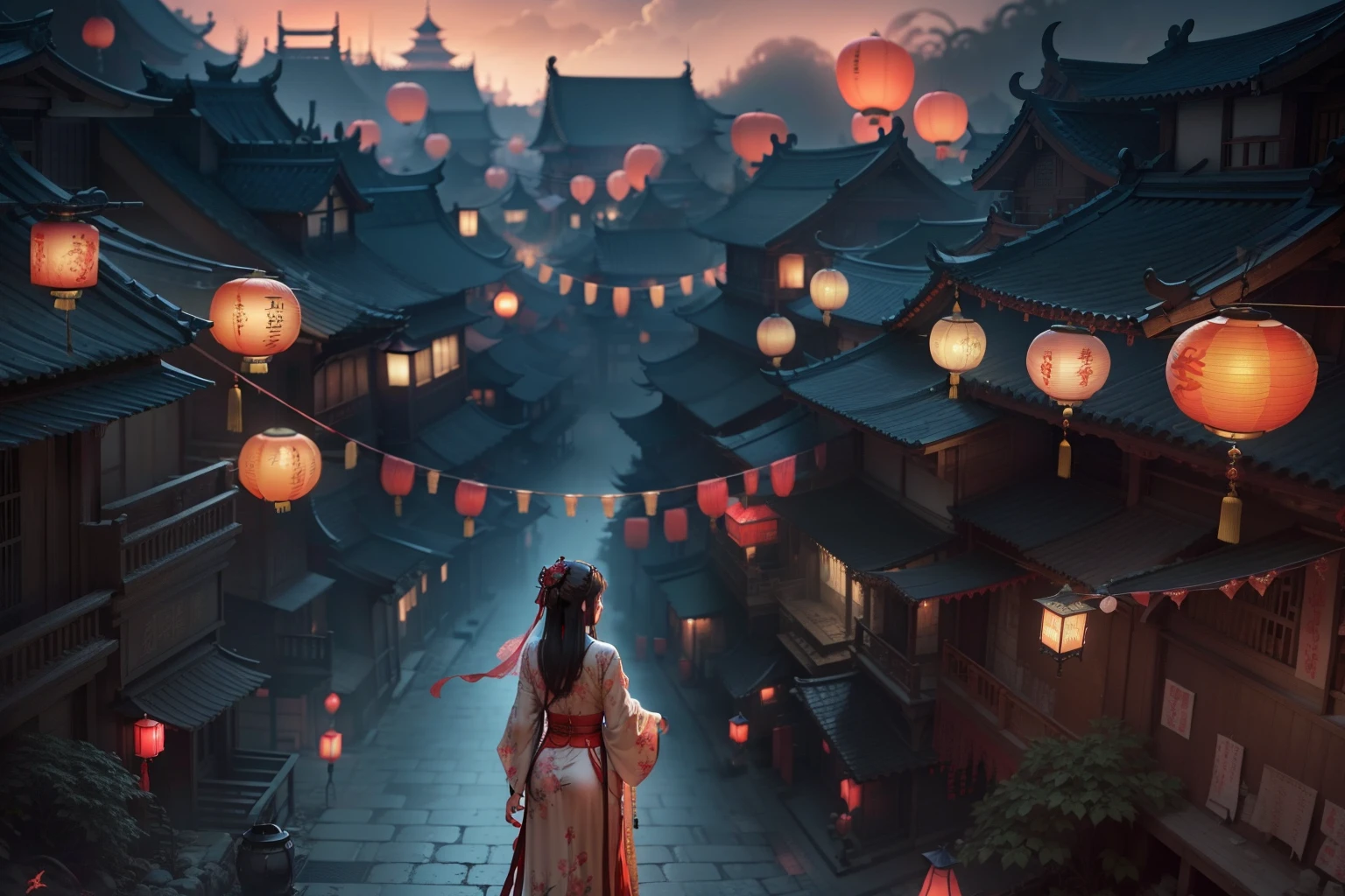 Festival de fantasmas chinos，Metaverso medio，El aliento de un fantasma，las calles de noche，Linternas chinas que cuelgan de casas de estilo chino a ambos lados de la calle.，Textura de rama espeluznante，Representación detallada de linternas chinas.，Chica transparente flotando en humo.，Use Hanfu chino，Linternas chinas colgando de los árboles，iluminación sombría，El estilo chino es rico en color.，bokeh de fondo，profundidad de campos，luz de la linterna,arte de terror，Canguelo，Unified 8k wallpapers，ultra-detallado，Belleza y Estética，obra maestra，La mejor calidad en el mejor de los casos.，（zentangle，datura，enredos，enredado：0.5）rareza espeluznante，terroral，horrid，horrid，horrid，Realismo，por Bruce Pennington，autor：giger, Tsutomu Nihei, Wayne Barlowe, zdzislaw beksinski, renderizado por octanaje, estaciones de arte, 8k, CGSociedad, luz cinemática, alto detalle, tiro gran angular, intrincado