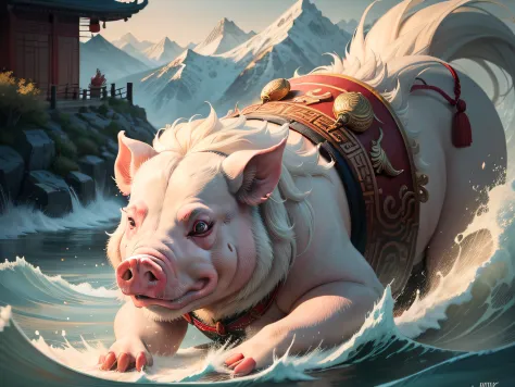 Chinese mythology and stories，Inspired by the Classic of Mountains and Seas，Close-up of a pig with chicken feet
