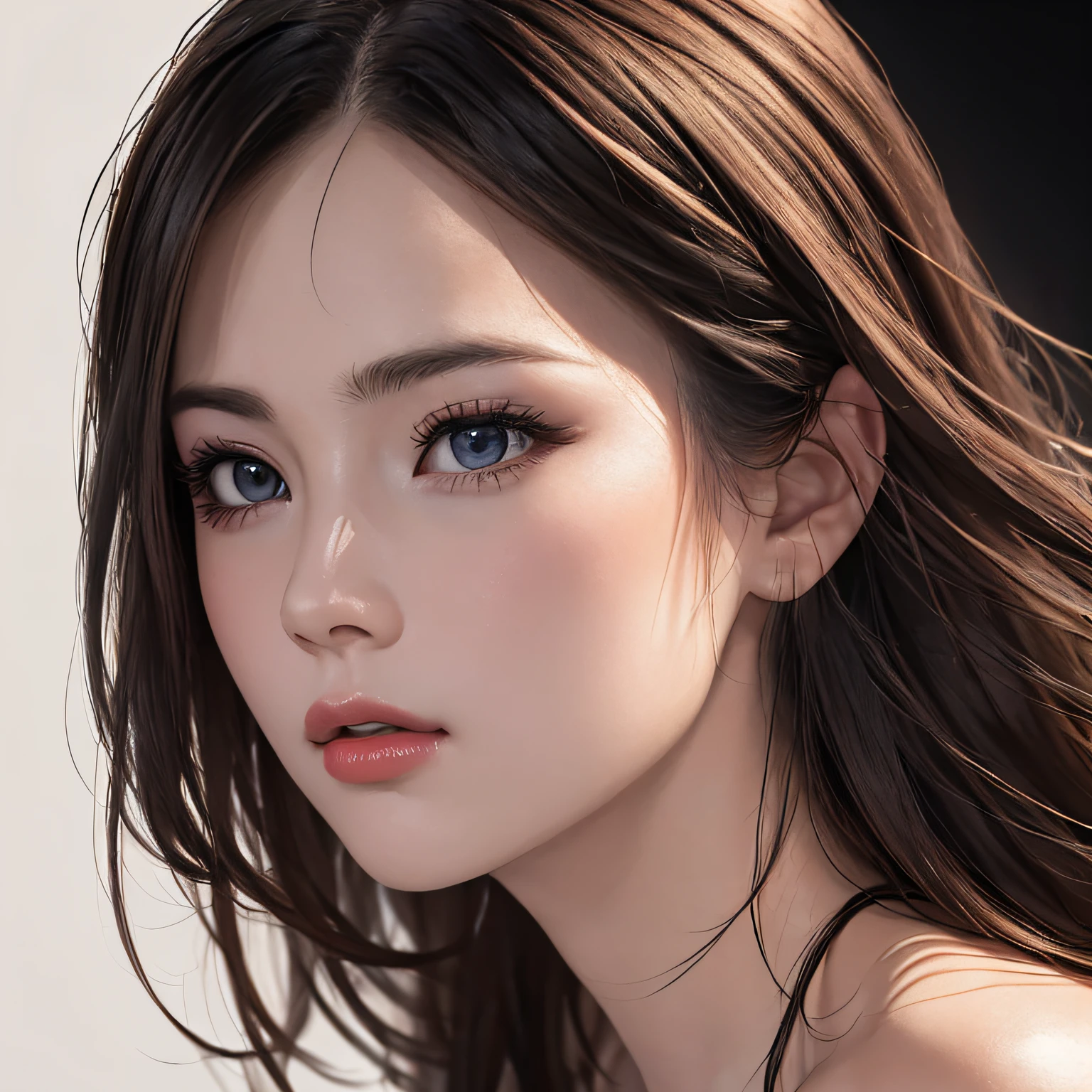 (8K, RAW Photos, of the highest quality, Masterpieces: 1.2), (Realistic, Photorealistic: 1.37), Highest Quality, Ultra High Resolution, light  leaks, Dynamic lighting, Slim and smooth skin, (Full body:1.3), (Soft Saturation: 1.6), (Fair skin: 1.2), (Glossy skin: 1.1), Oiled skin, 22 years old, Night, shiny white blonde, Well-formed, Hair fluttering in the wind, Close-up shot of face only, Physically Based Rendering, From multiple angles, Diminutive Bikini、radiant lips