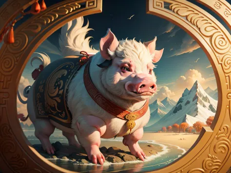 Chinese mythology and stories，Inspired by the Classic of Mountains and Seas，Close-up of a pig with chicken feet