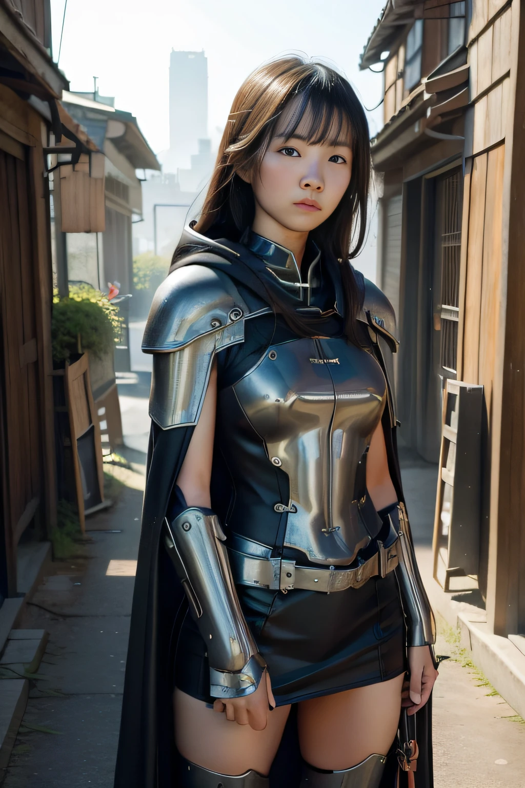 1 girl, young, 16 years old, Asian, full body from head to toe, Realistic, Realistic face, worried, looks over shoulder, side lighting, wallpaper, looks at viewer, futuristic steampunk buildings in background, Long cape and hood, earth ground, exterior, hold a crossbow, fight steampunk robots, dragon logo,
