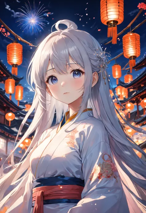 natta，Downtown，Close-up silvery white tree，The focus is on beautiful girls，Hanfu，laughingly，Vista lanterns，Sky fireworks