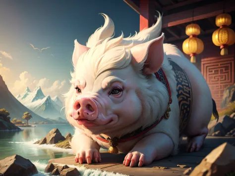 Chinese mythology and stories，Inspired by the Classic of Mountains and Seas，Close-up of a pig with chicken paws
