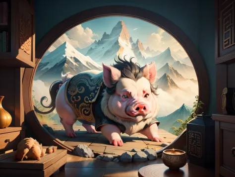 Chinese mythology and stories，Inspired by the Classic of Mountains and Seas，Close-up of a pig with chicken paws