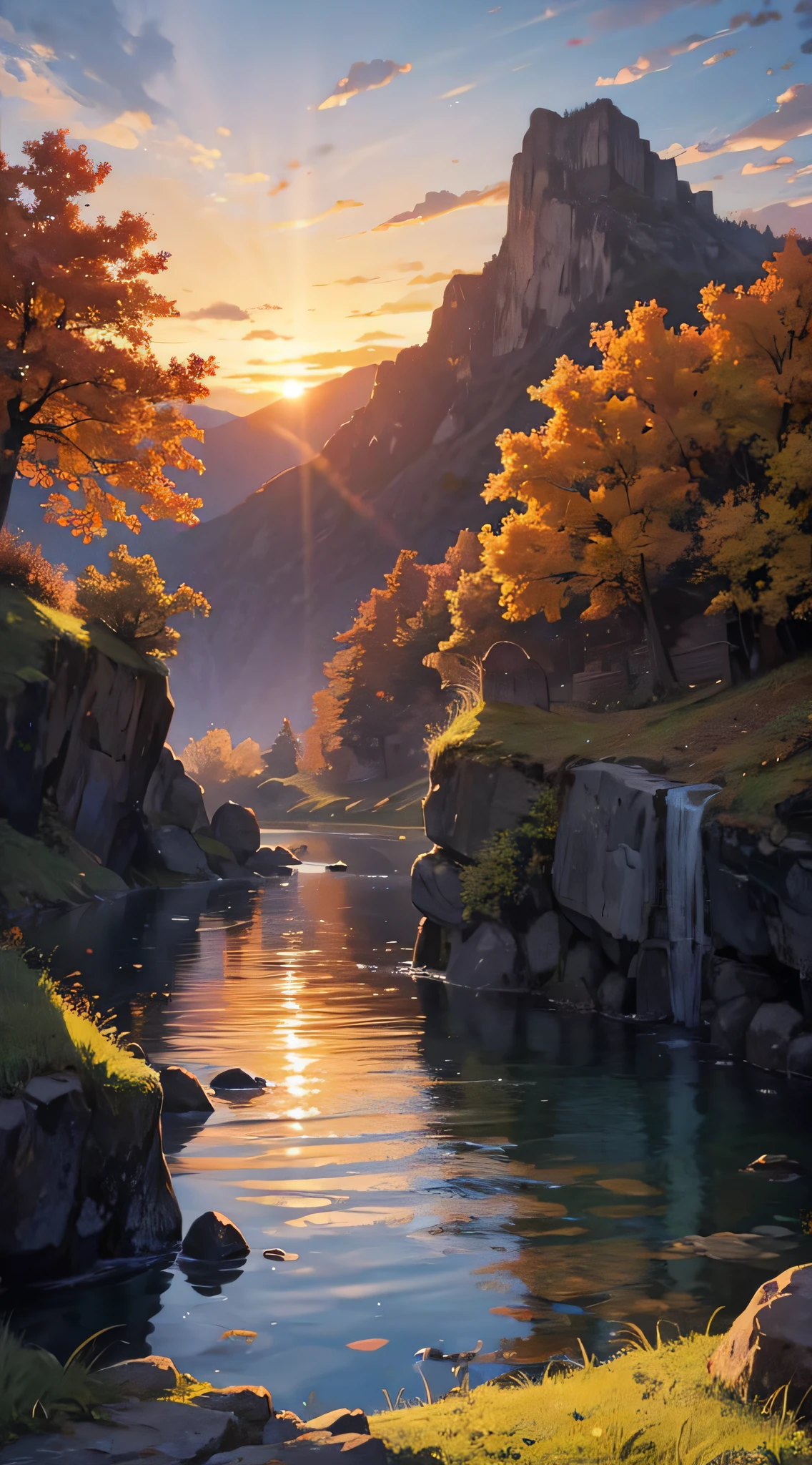 A boy，The evening breeze is long，Autumn water，Sunset on the mountainside，Gooseback Sun