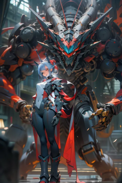 Dragon ear, at night,huge and complex technical background,(masterpiece),(detailed),(intricate details),(realistic, photo-realistic:1.1),i1girl,solo,(full body:1.0),blue fire,gear,giant robot,machine,damage armor,glove,machinery suit,(machinery boots),Mech...