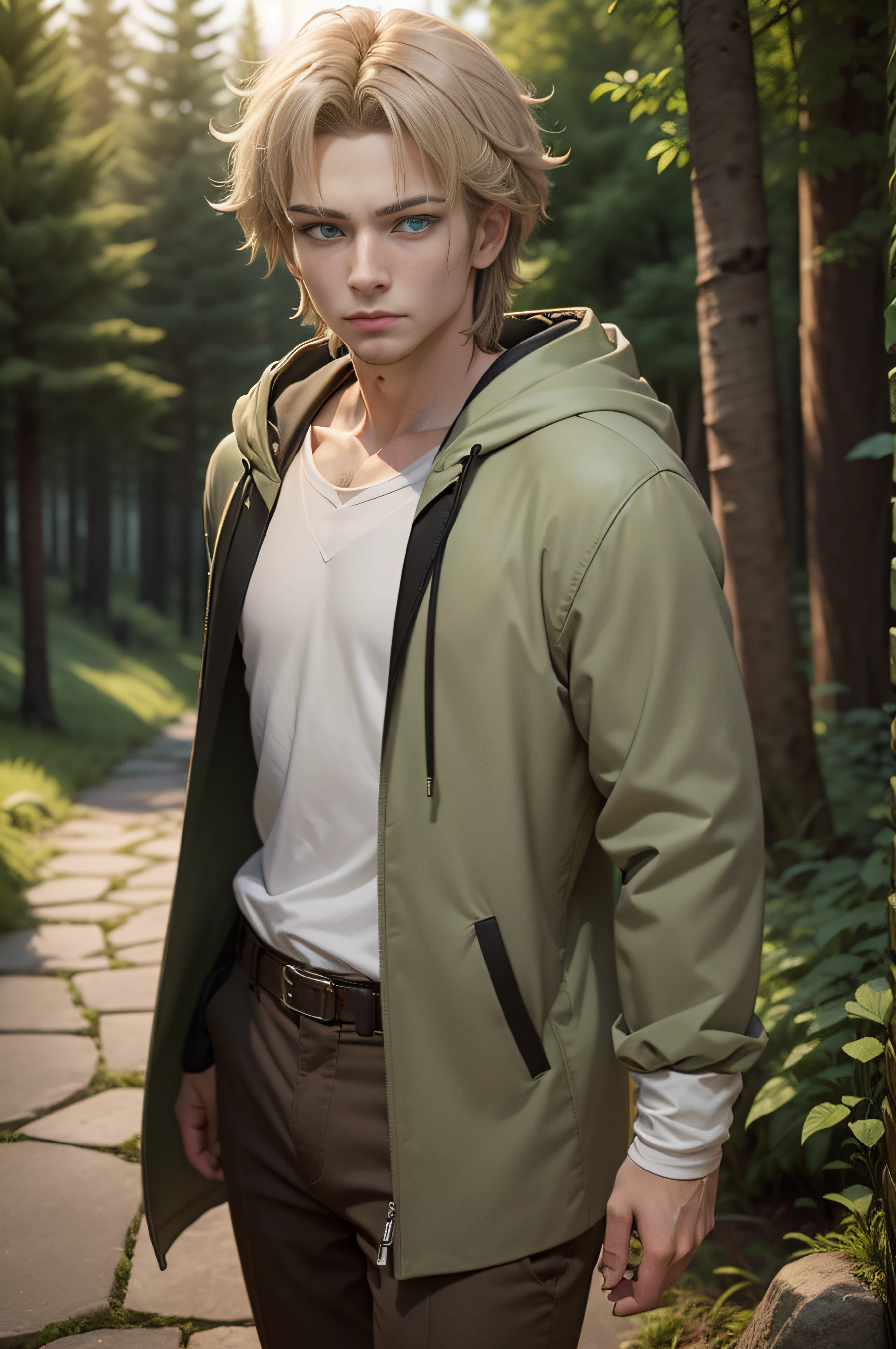 boy, strong, muscular, tall, dark hair, green eyes, male, leather gloves, thief, killer. (RAW Photo)(8k UHD)(DSLR)(soft lighting)(high quality)(filmic grain)(Fujifilm XT3)(master piece, full body, very high quality, photorealistic, highly detailed, octane rendering, unreal engine, HD 8K, soft cinematic light, hyper-detailed, hyper-realistic skin texture, best quality, ultra-high resolution, soft tones, look at viewer, realistic 3d anime)(((light brown hair)))(((green eyes) )))(((Forest)))(human, male, white skin, pale skin, green eyes, light brown hair, messy hair, serious look, not smiling, noble, rich gray pants, rich gray jacket, gray cape, Gray Hooded Cloak, Gray Hood, Noble Robbery, Long Gray Cloak, White Garment, Age 15)(((Light Brown Hair)))(((Green Eyes)))(((Forest)))