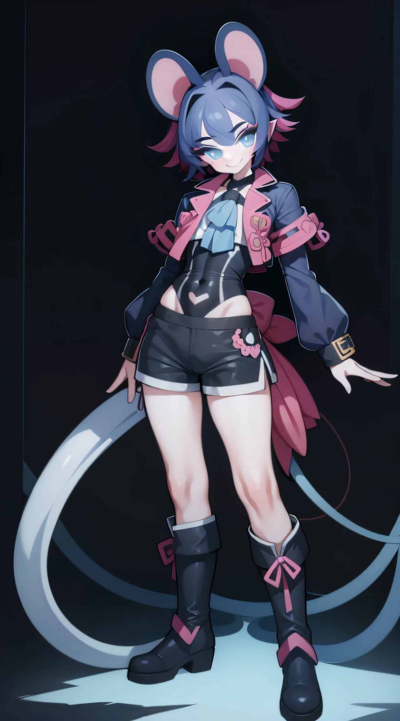 Anime character, high detail, Detailed art style, (canny smile:1.4), short curly hair, little chest, tailcoat, Short shorts, full length, the perfect body, Colors: black & Blue,  (1 boy:1.2), with ears and tail, Like a mouse, The body is like a girl's, Long, Tight-fitting boots, Dark background, Glowing Neon Eyes