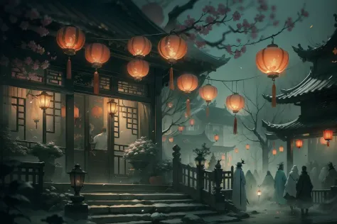 chinese ghost festival，middle metaverse，the breath of a ghost，street chiaroscuro at night，detailed depiction of branch texture a...