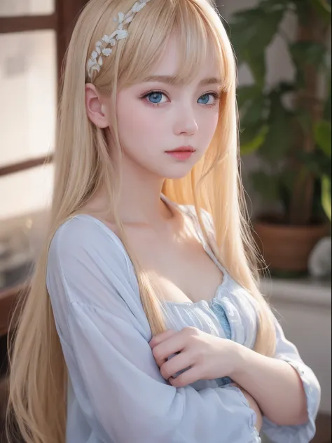 shiny beautiful white skin、Blonde hair discolors when exposed to light、Long bangs block the view、Highlights of cheek luster、Sexy and very beautiful nice cute gorgeous face、The most beautiful face in the world、The most beautiful super long gorgeous blonde h...