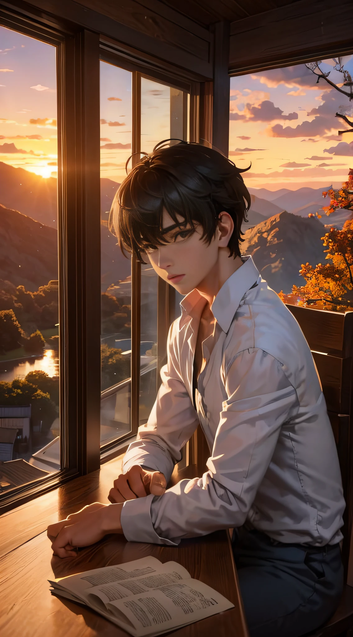 A boy sits at a table by the window，Beautiful verse，There was a hint of sadness in my heart，The expression is solemn，facing at camera，The evening breeze is long，Autumn water，Sunset on the mountainside，Gooseback Sun