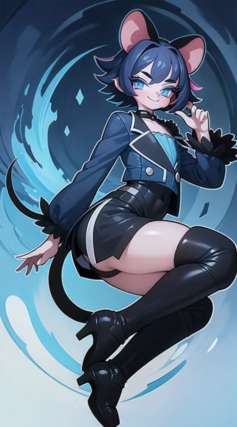 Anime character, high detail, Detailed art style, (canny smile:1.4), short curly hair, little chest, tailcoat, Short shorts, full length, the perfect body, Colors: black & Blue,  (1 boy:1.2), with ears and tail, Like a mouse, The body is like a girl's, Lon...