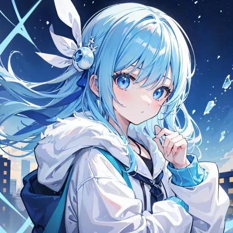 1girl, with light blue hair and blue eyes, wearing a hair ribbon and a blue and white hoodie. The scene is set in winter, with the girl looking directly at the viewer. This image can be used as a profile picture.City background.zoom-in on face.Masterpiece,...