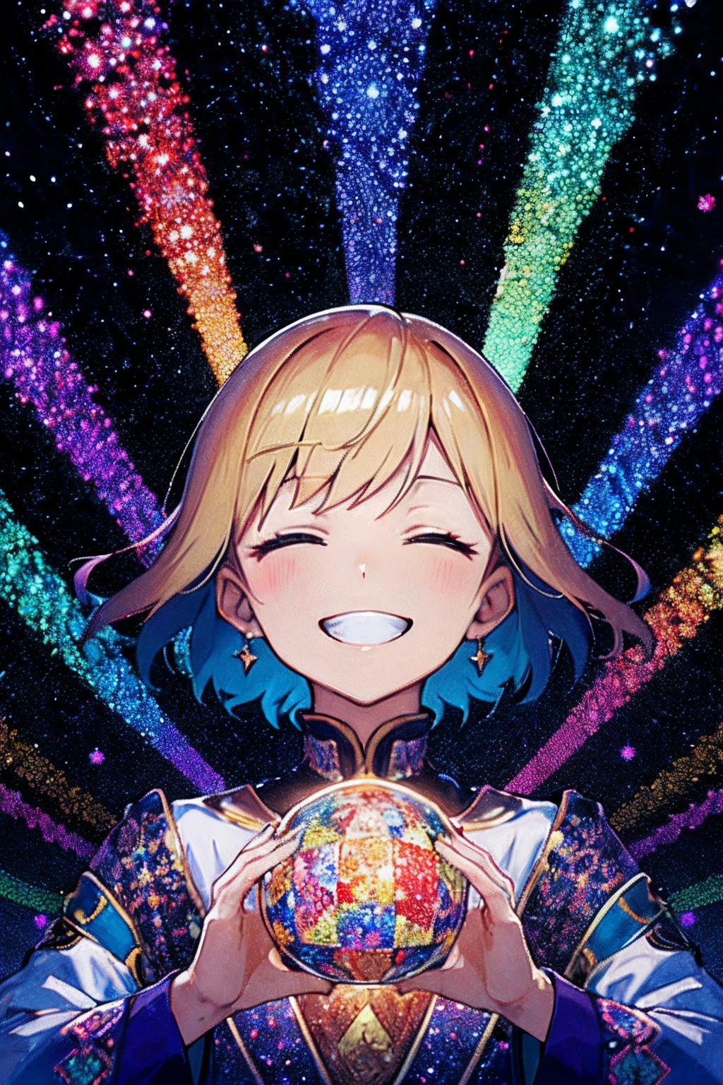 (masutepiece, of the highest quality, Best Quality, Official art, Beautiful and aesthetic:1.2), (1girl in)、Closing eyes and smiling、Showing teeth and smiling、portraitures、 (Fractal Art:1.3), High resolution, Petite, Extremely detailed, Detailed background, Abstract background, multicolored background, Cinematic lighting, Illustration, Solo, Active Pose, kaleid (Kaleidoscope), Divinity, llight rays, Geometry,