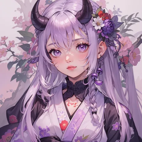 best quality, highly detailed beautiful face and eye, (1girl, solo), 18years old, (gray hair, twin braid), (purple demon horns, ...