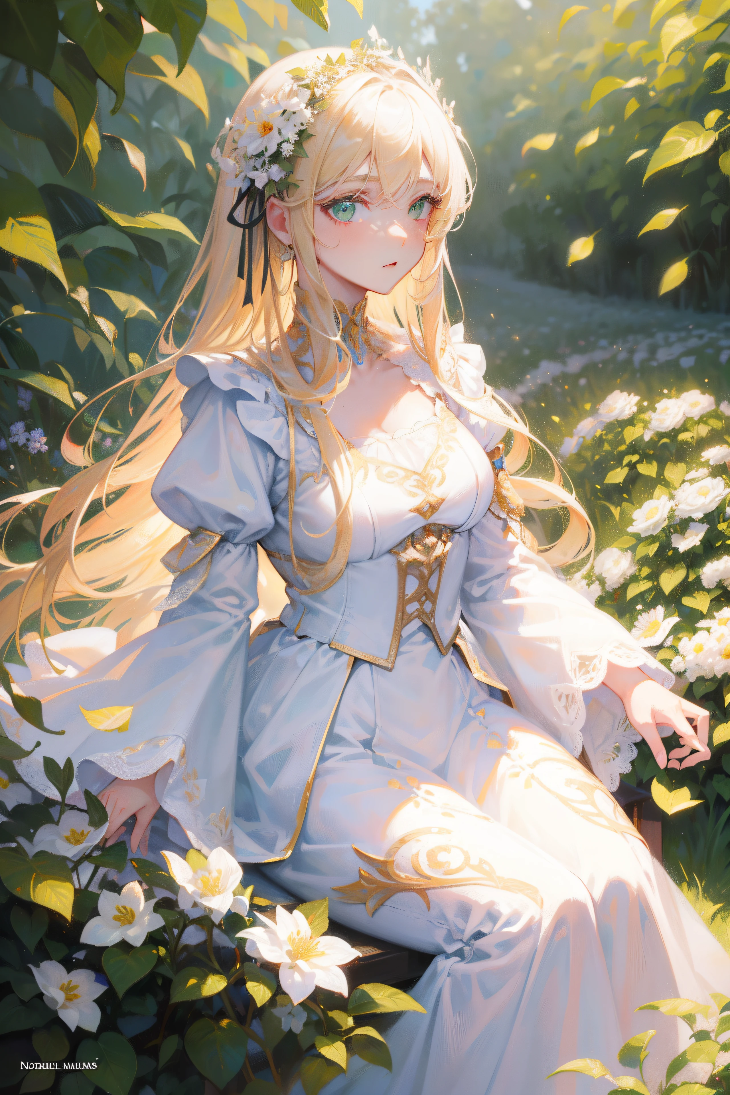 35 mm, Incredibly hyper-detailed and intricately realistic, full body character, Adult, Beautiful, Female, Perfect, Long Blonde Hair, Green eyes, Elegant white dress, flower in hair, Detailed face, White skin, Mature facial features of female Nordica, Garden background, Cover art, zoomout, Choker, hyper detailed painting, luminism, Bar lighting, with an intricate, 4k resolution concept art portrait
