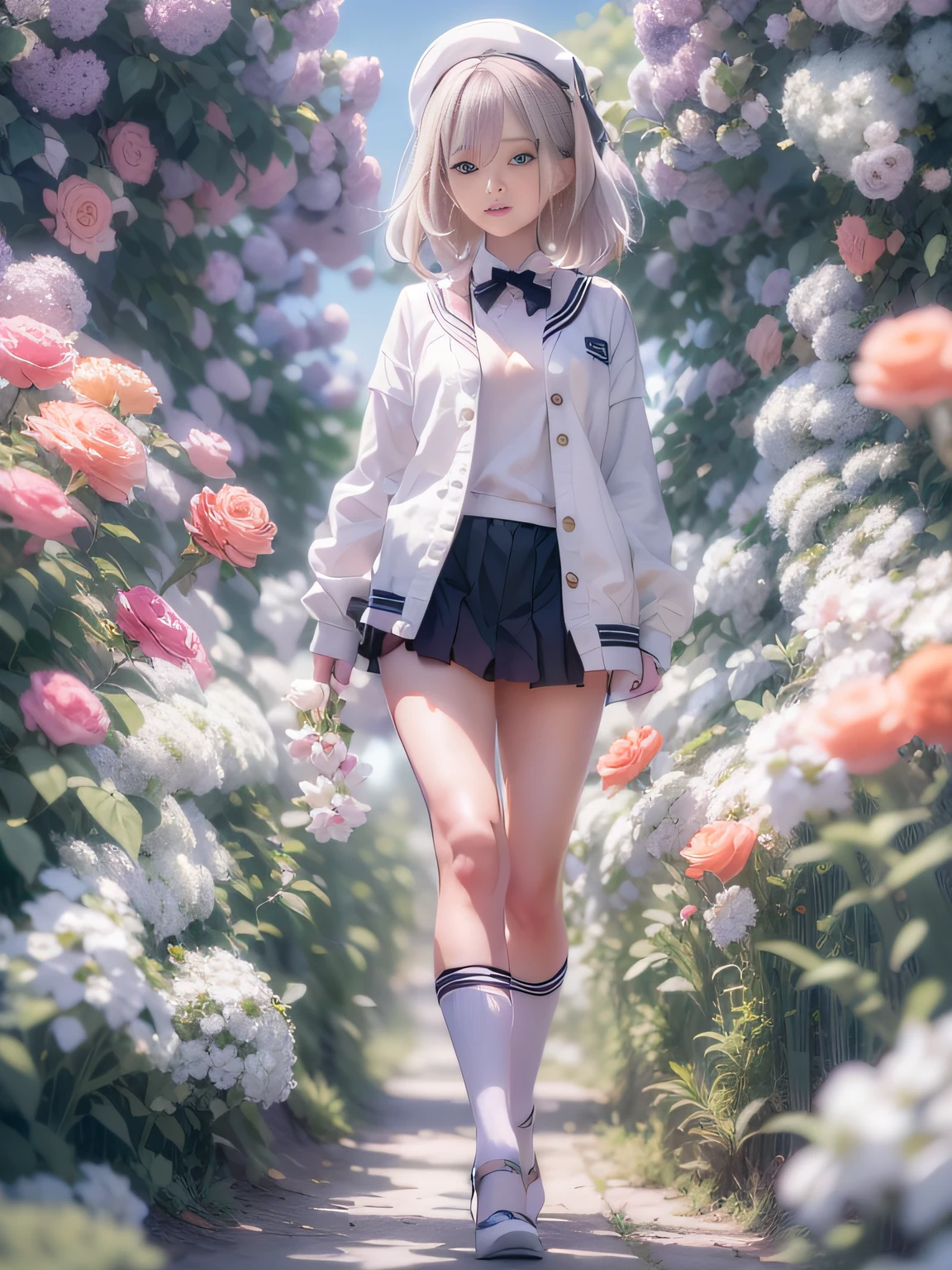 Garota de anime em uniforme de marinheiro branco e sapatos pretos caminha na frente de flores, Guweiz, estética de anime, artwork in the style of Guweiz, vibrações de anime, estética de anime, vestindo roupa branca, lindo anime, estilo anime, lindo estilo de anime, Imagens de anime de garotas fofas, (Menina anime), tendências no cgstation, feito com estúdio de pintor de anime,garota de beleza definitiva，Perna fina，