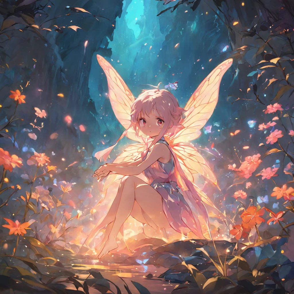 Cute Fairy, small stature, in full height, Flowers, sitted, Little chest, fairy wings, fairytale, Fantasy