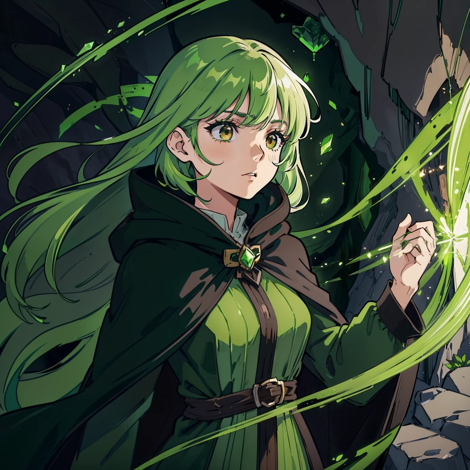 ((Green-haired woman 9.0)) ((Brown eyes 9.0)) ((Black cloak 9.0)) ((Glowing green threads in the air around her 9.0)) ((Background of a cave with blooming crystals on the walls 9.0)) ((fearful expression)) Green lines, Green lines, Green lines, Green lines, Green lines