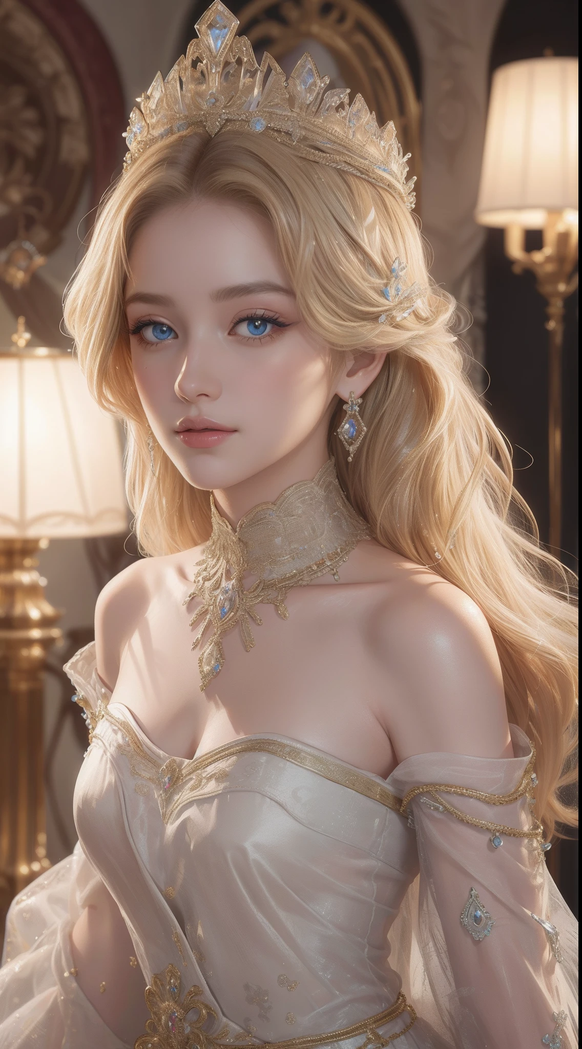 杰作，最高图像质量，皇室女性的美丽半身像，精致的金发发型，饰有耀眼的精致珠宝，超级细节，升级版。