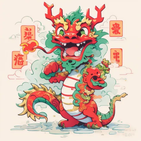 Illustration of a red-nosed green-tailed dragon, smooth chinese dragon,chinese dragon concept art,  Cyan Chinese dragon holding gold ingot, anthropomorphic dragon, a dragon made of clouds、in graffiti style