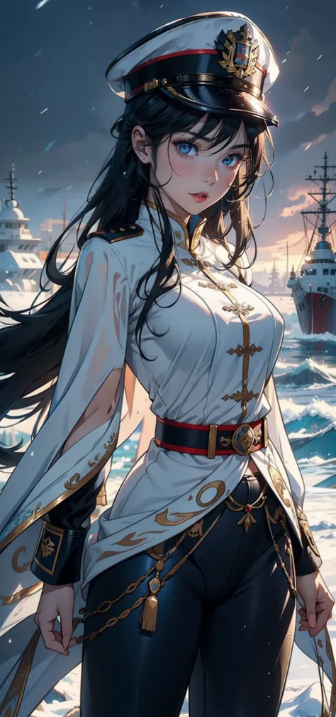 1womanl，3 year old girl，Small loli，smallunderboob，Big breasts Thin waist，long leges，Raised sexy，Pornographic exposure， 独奏，Beauty contests，standing on your feet（Background with：the sea，snow mountains，warships，at winter season，Blizzarding，Big snowflakes）On w...