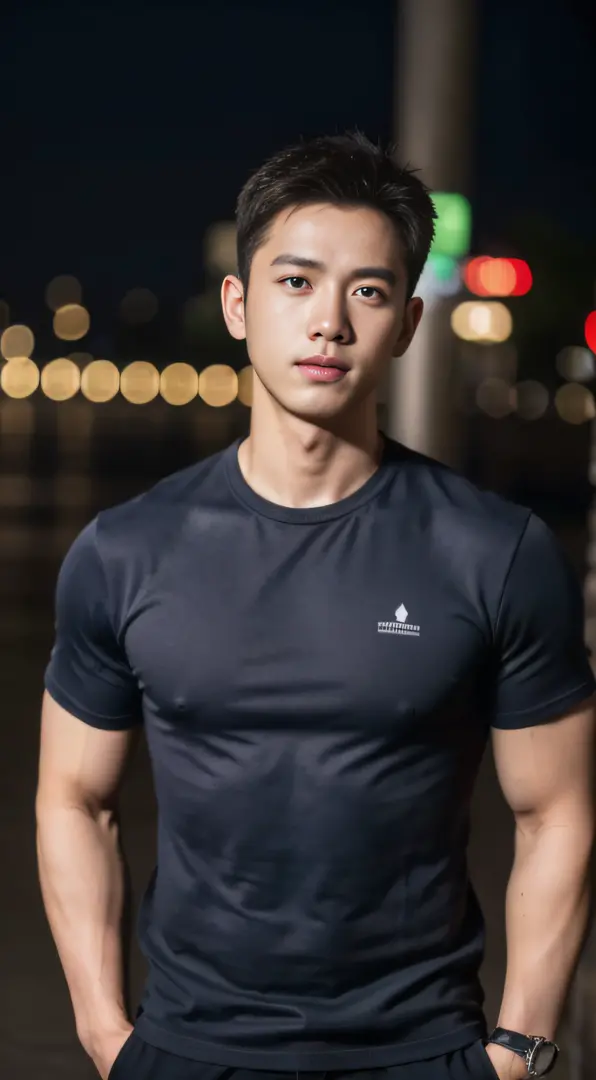 Male police officers in their 20s took a group photo...., Wear a navy shirt......................, High-res, tmasterpiece, best qualtiy, Head:1.3,((Hasselblad photograp)), Fine fine skin, Clear focus, (Cinematic lighting), during night, Gentle lighting, dy...