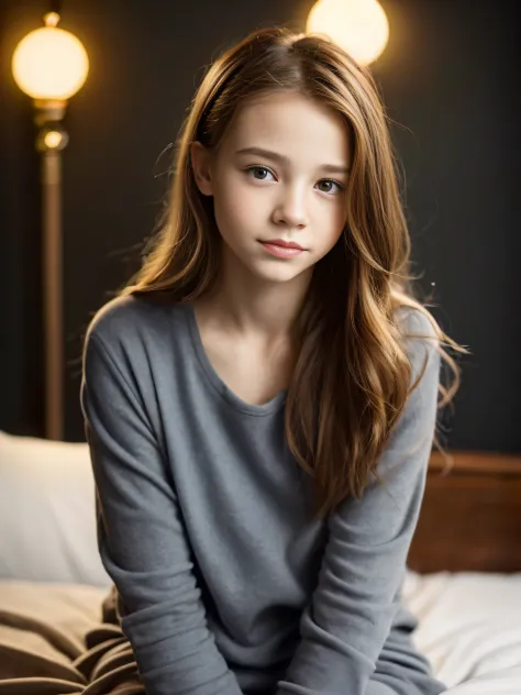 Portrait of petite teen with cute beautiful perfect face at 14 years old、She is happy and、Very beautiful Russians、Unripe、in bed、...