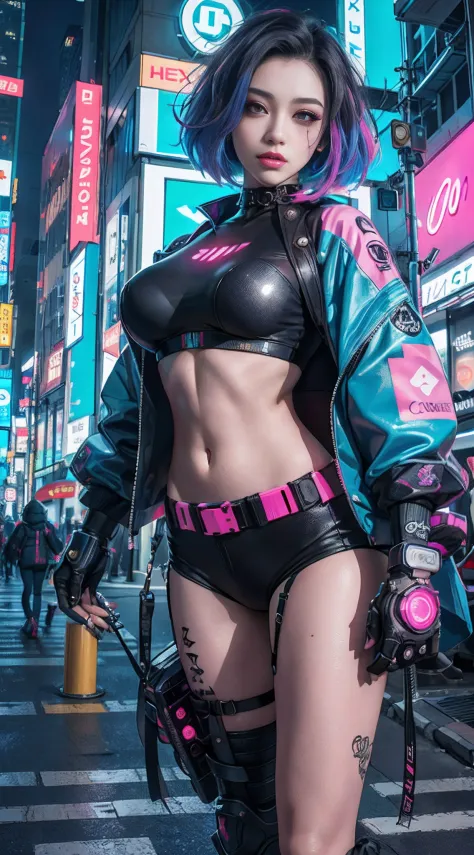 masterpiece, best quality, 2 confident cyberpunk girls standing together, Harajuku-inspired cyberpunk outfit, bold colors and pa...