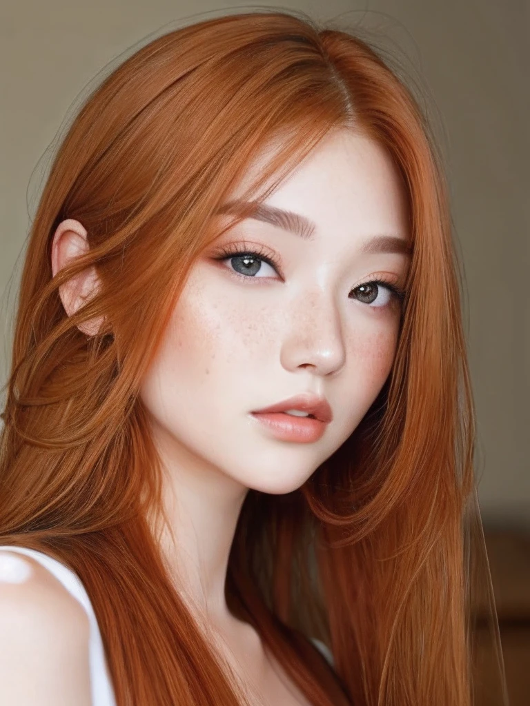 A close up of a woman with long red hair and a white top - SeaArt AI