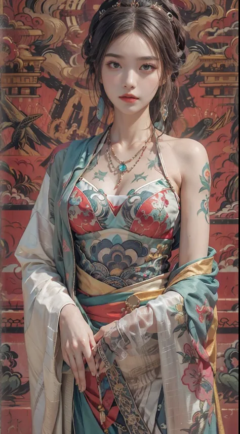 Photorealistic, high resolution, 1womanl, Solo, Hips up, view the viewer, (Detailed face), dunhuang_dress, jewelry, tattoo