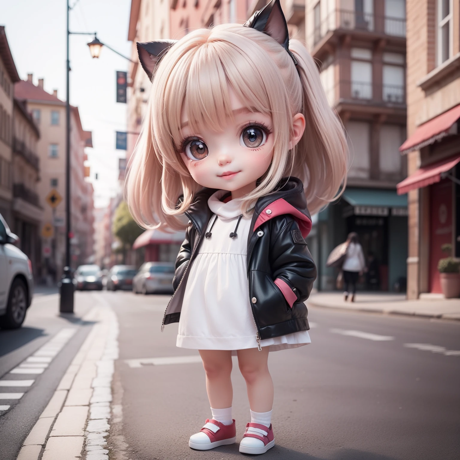 Cute Baby Chibi Anime,（（（Super masterpiece、top-quality、ultra-detailliert、1 girl in、Chibi：1.5）））、Fashionable Chibi、fashion modell、Wearing a white shirt and a gray long gilet,espadrilles、Fashionable city background、outside of house、The best smile、Looking at the camera,A detailed face、Dark skin、highdetailskin、White Sauvage Hair、（Chibi：1.4）、