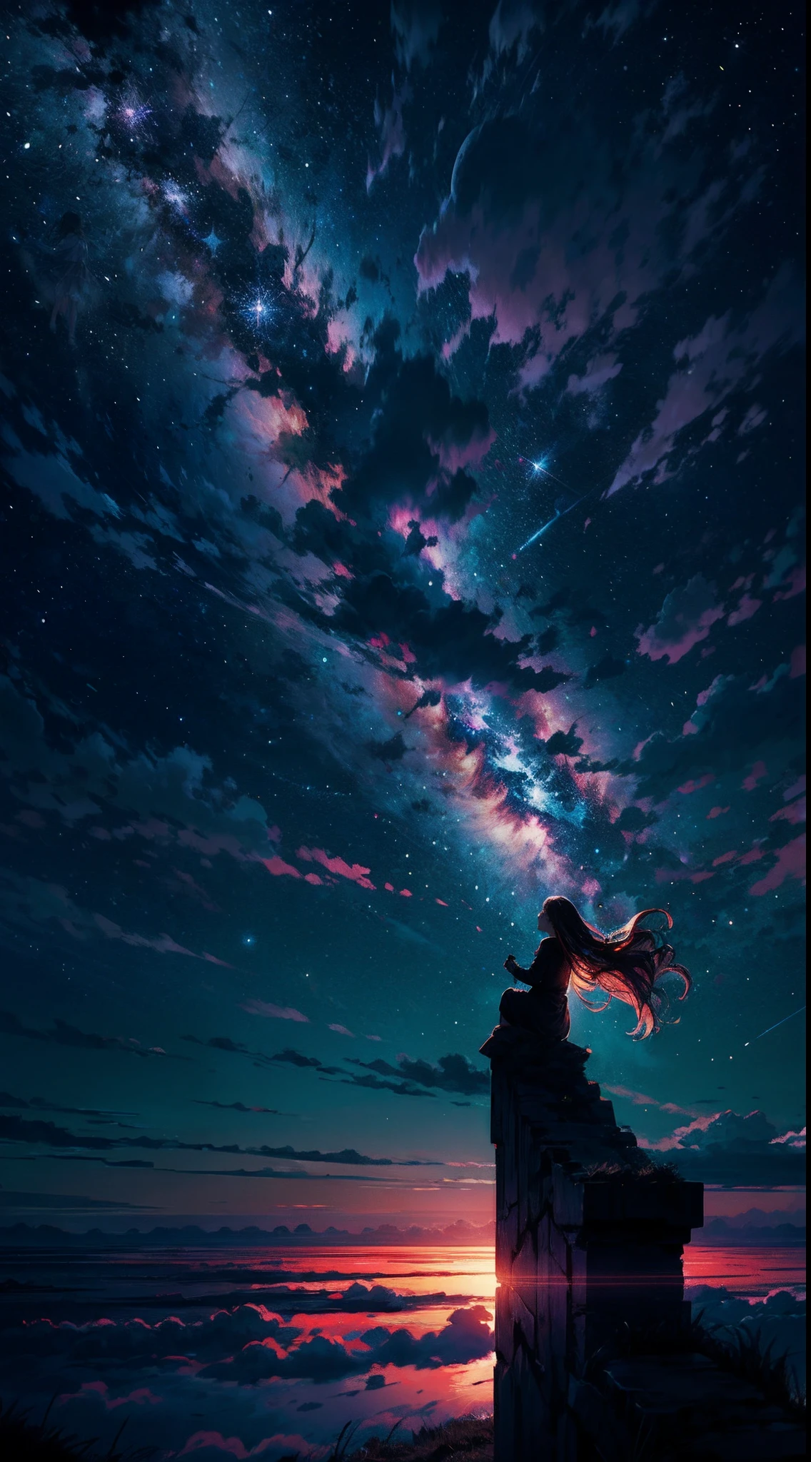 A Woman Standing On A Ledge Looking At The Sky With A Star Filled Sky 