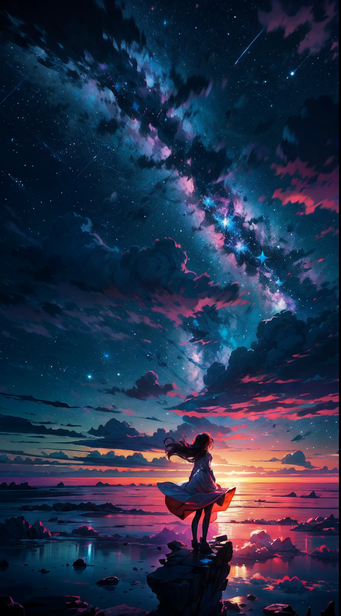 Perched upon a wispy cloud, a young girl gazes in awe at the breathtaking expanse above. The night sky comes alive with a sea of stars, twinkling like diamonds scattered across a velvet canvas. Cosmic phenomenons swirl and dance, painting streaks of vibrant colors across the vastness of space. With her hair gently tousled by the celestial breeze, the girl's silhouette stands as a witness to the beauty of the universe. Serene and filled with wonder, she becomes a part of this cosmic symphony, her presence illuminating the infinite possibilities that lie beyond the clouds.