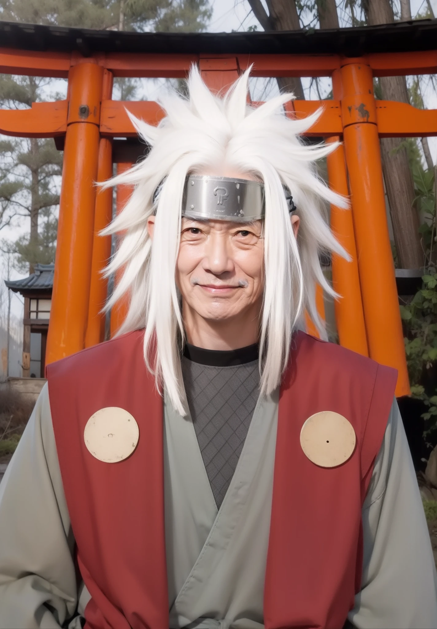 Real life adaption of this character,(realistic very messy hair),(similar big iron headband),realistic outfit,old Japanese man face ,realistic light,realistic shadow,realism,(photorealistic:1.2),realistic background,a bit smile