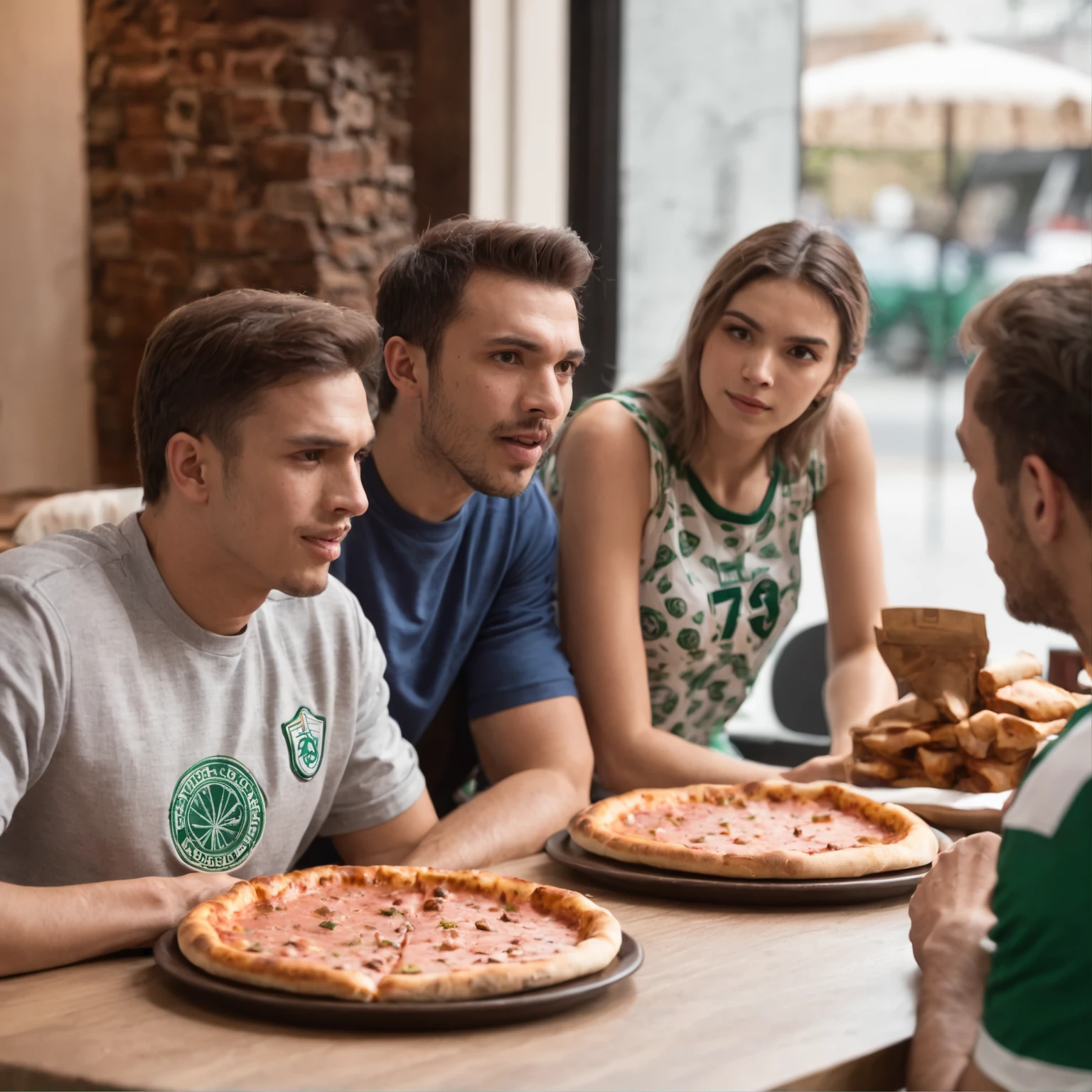 Several people sitting at a table with pizzas and drinks - SeaArt AI