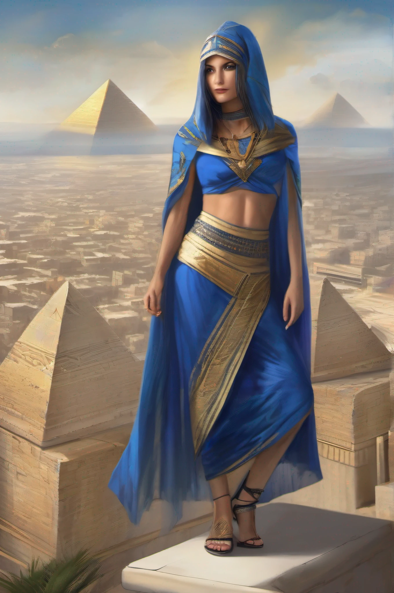 A woman in a blue dress standing on a platform in front of a pyramid -  SeaArt AI