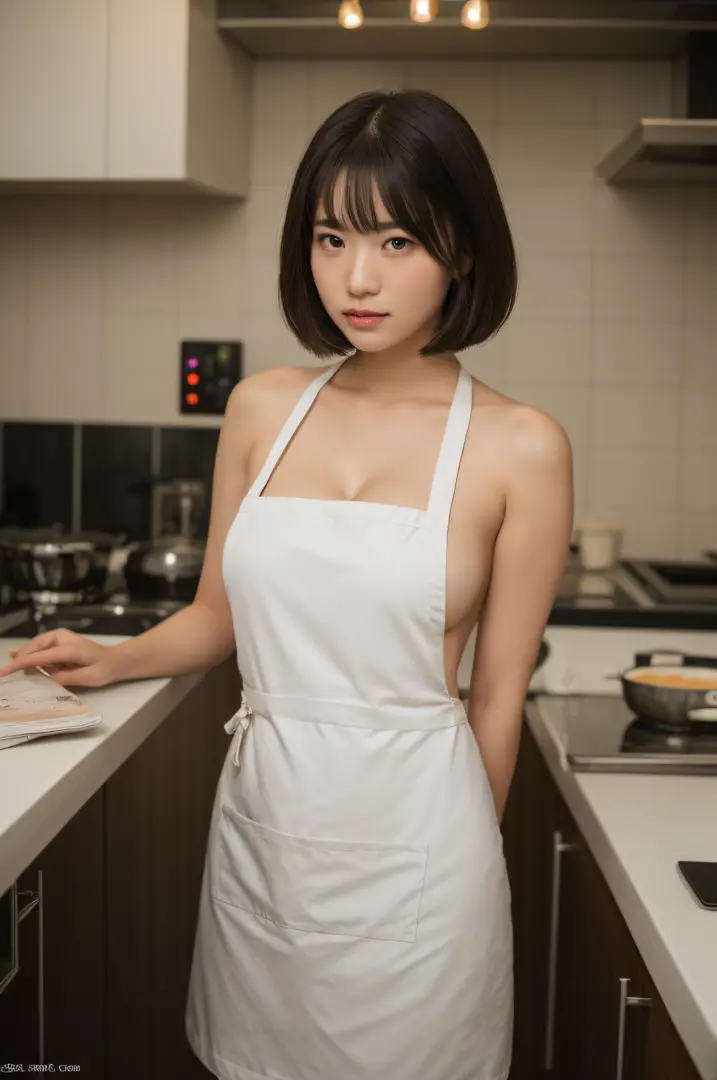 The most beautiful 40-year-old women, Detailed body with large breasts, sexy  facial expression, (((Naked and white short apron))), Detailed lips -  SeaArt AI