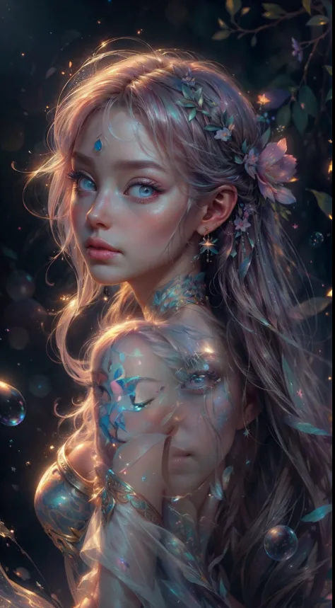 ((masterpiece)). This artwork is dreamy and ethereal, with soft pink watercolor hues. Generate a delicate fairy exploring a bubb...