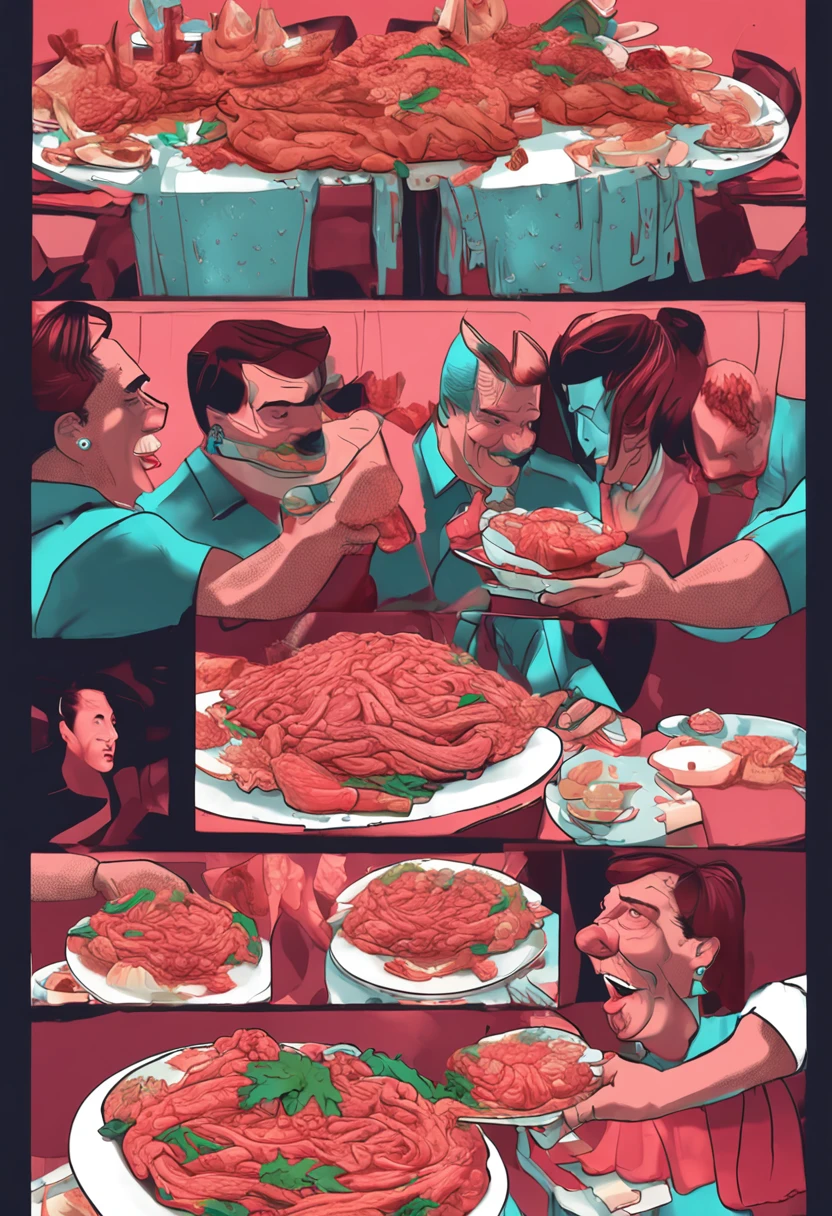 A cartoon picture of a man and woman eating spaghetti and meat - SeaArt AI