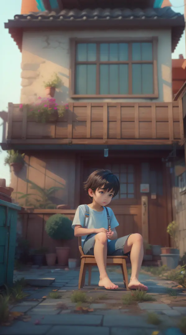 there is a poster，it features a boy sitting on a roof，short detailed hair，denim suspenders，the barefoot，depth of fields，high lig...