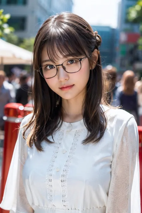 (8K、Raw photography、top-quality、​masterpiece:1.2)、(realisitic、Photorealsitic:1.37)、ultra-detailliert、超A high resolution、女の子1人、see the beholder、beautifull detailed face、A smile、Constriction、(Slim waist) :1.3)、((White blouse clothes))、Beautiful detailed skin...