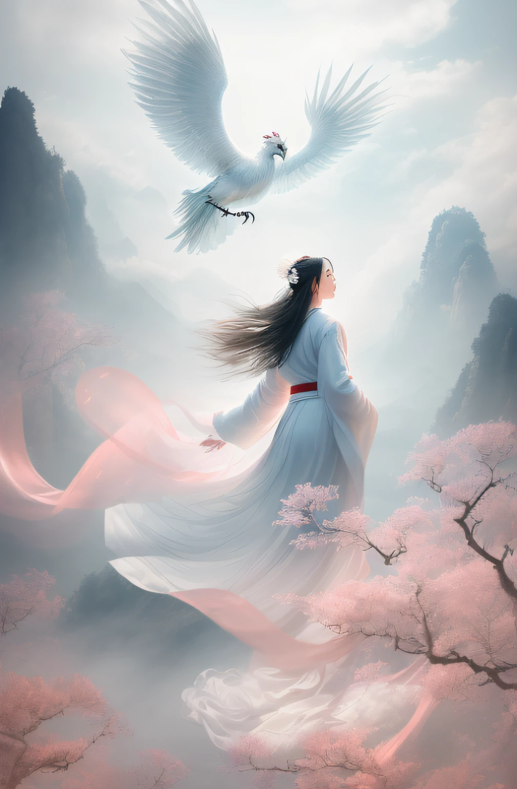 ((((ผู้หญิง 1 คน)))),(ชุดจีนสีขาว),
ในฉากที่น่าจับตามอง, a beautiful woman adorned in a flowing ชุดจีนสีขาว soars through the misty clouds on the back of a majestic Chinese phoenix. ลมพัดเสื้อคลุมของเธอออกอย่างแผ่วเบา, เน้นความรู้สึกของการบินขณะที่พวกเขาสํารวจทิวทัศน์เมฆที่ไม่มีตัวตนอย่างสง่างาม.