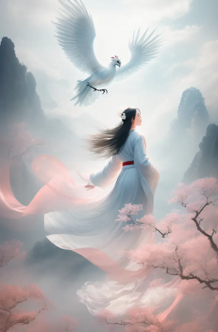 ((((1 girl)))),(white Chinese robe),
In a captivating scene, a beautiful woman adorned in a flowing white Chinese robe soars thr...