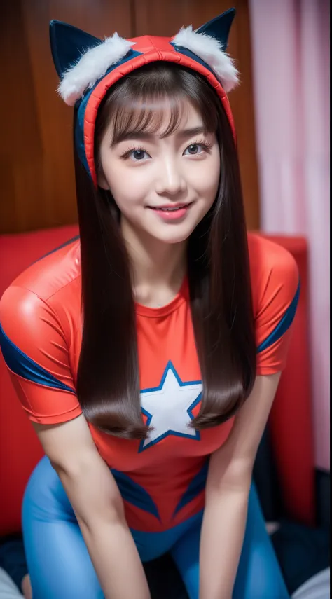 realistic photos of (1 cute Korean star), hair two side up, white skin, thin makeup, 32 inch breasts size, slightly smile, wearing Spider man costume, kneeling in the bed room, close-up, 16k